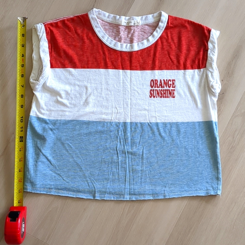 Rag & Bone Cropped Red White Blue Striped Graphic Tee T Shirt Orange Sunshin XS